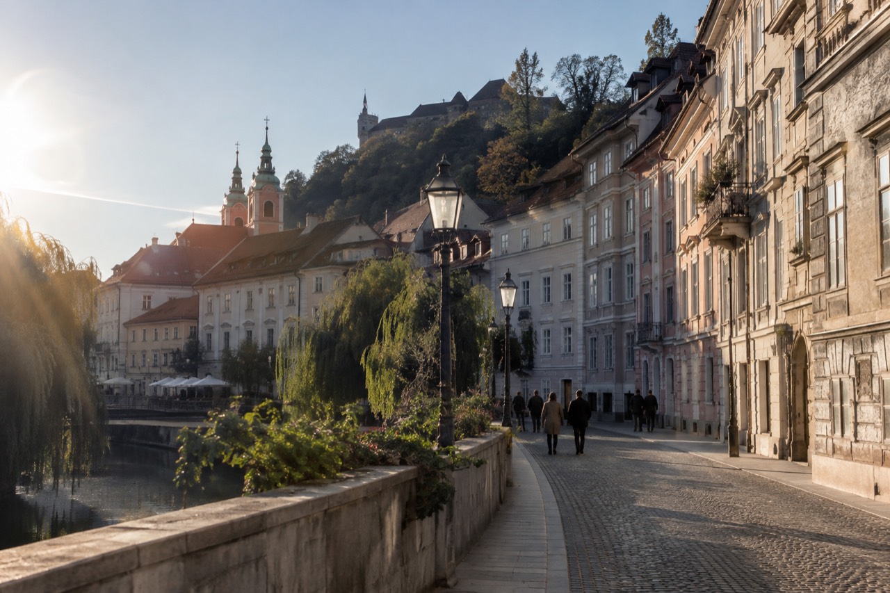Rooftops and church spires of a European old town under a clear sky