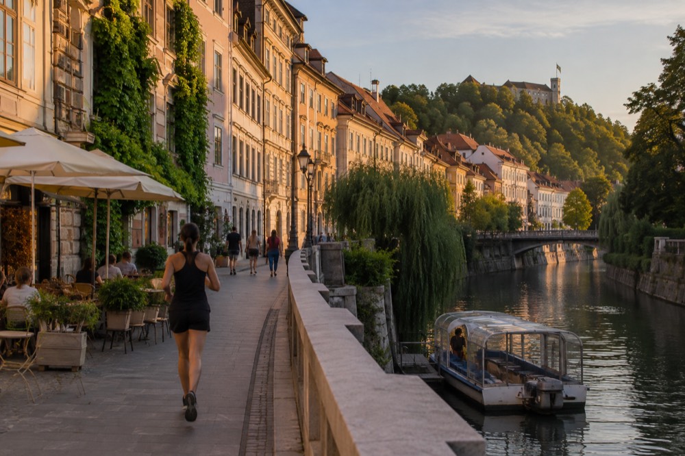 A low electric boat moored on the Ljubljanica beside the old town embankment