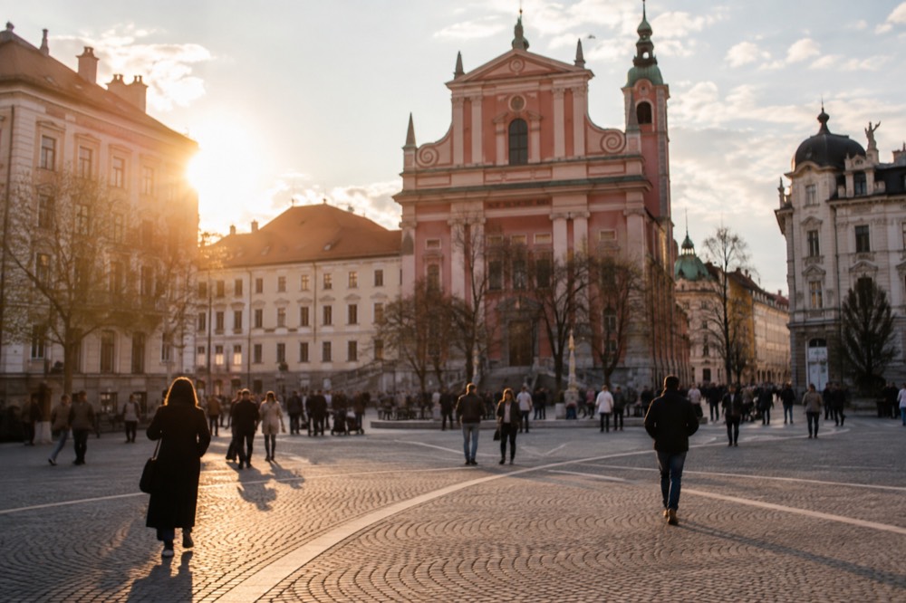 Prešeren Square and the Franciscan Church facade in warm afternoon sunshine