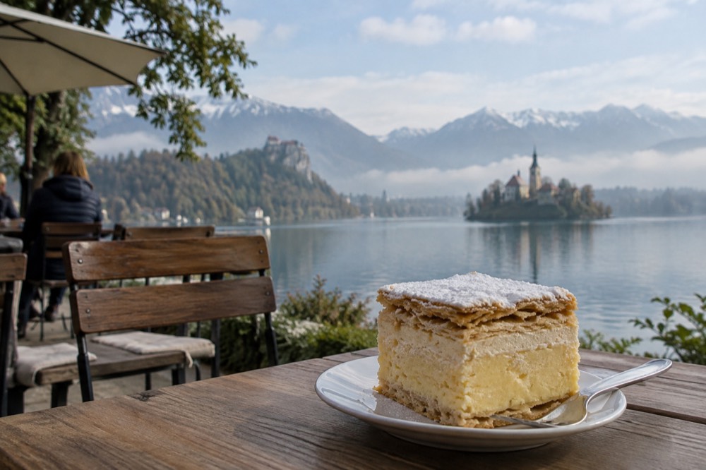 A square slice of cream cake with layers of custard and pastry on a small plate on a café table