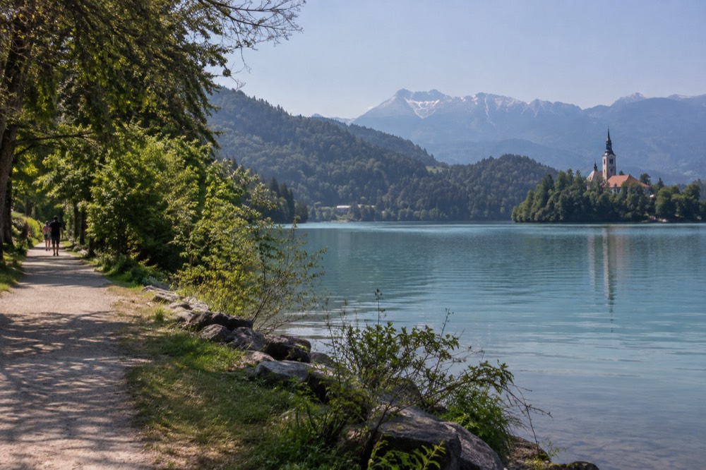A path along a lake shore with forested hills and mountains in the background under a clear sky