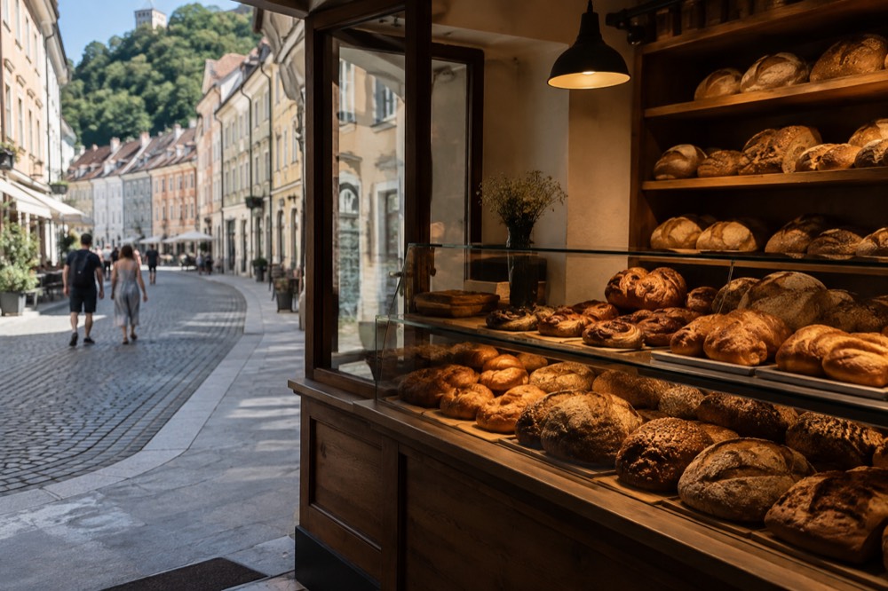 Bakery counter with fresh bread loaves and pastries on wooden shelves