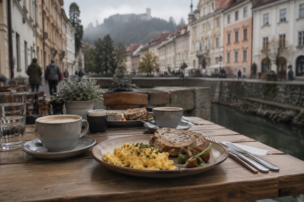 Brunch plates with eggs, bread and coffee arranged on a wooden café table
