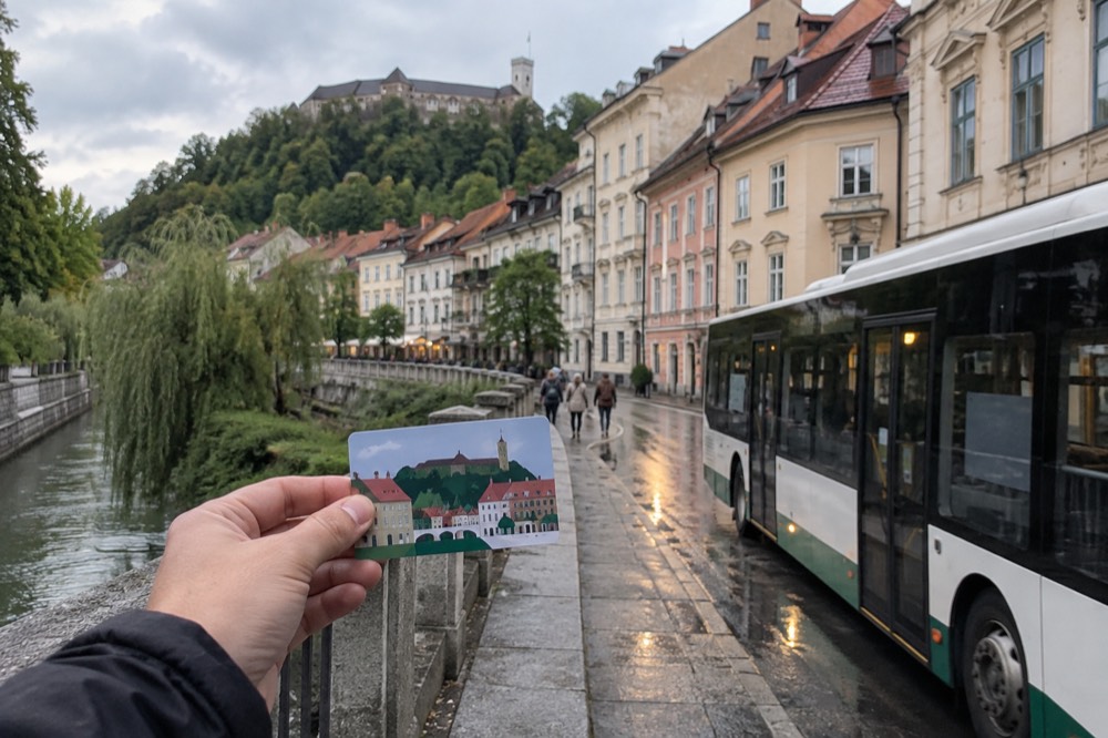 A visitor holding a Ljubljana Card beside a city bus with the old town behind
