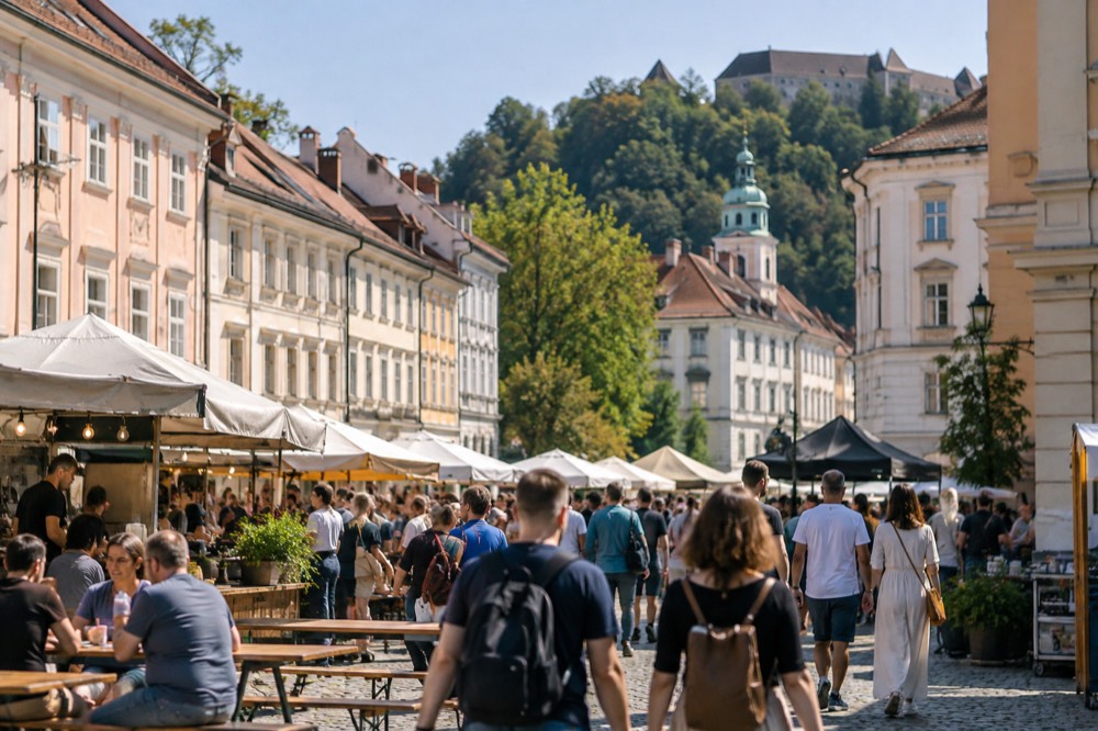 Food stalls and crowds on a Ljubljana square during a Friday open-air kitchen event