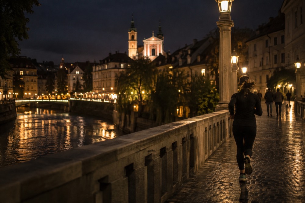 Illuminated bridges and riverside lanterns along the Ljubljanica at night in Ljubljana