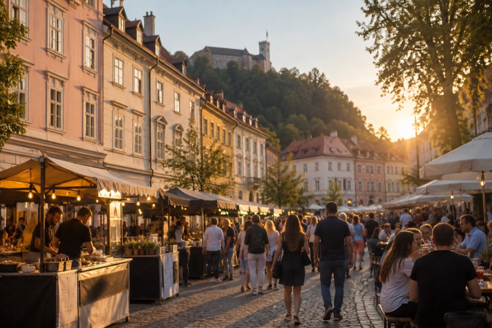 Outdoor food stalls and diners at the Open Kitchen market on Pogačarjev trg