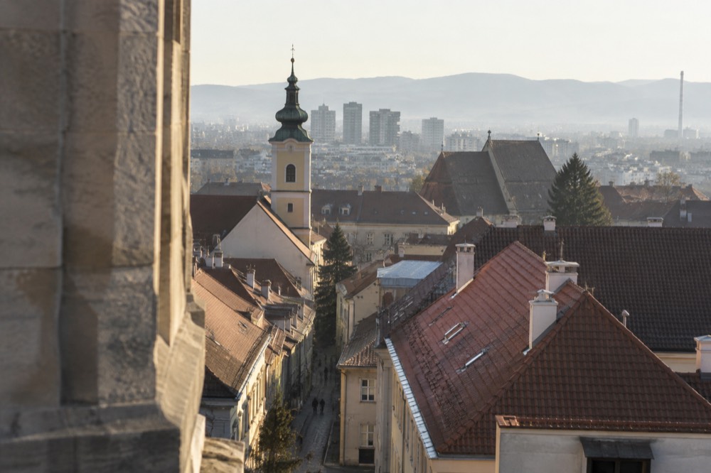 Tiled rooftops of Zagreb's upper town seen from a church tower