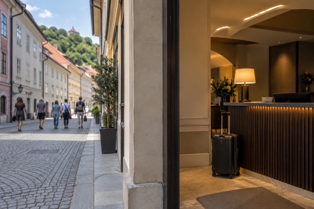 Hotel reception desk with a suitcase beside the counter and warm lighting