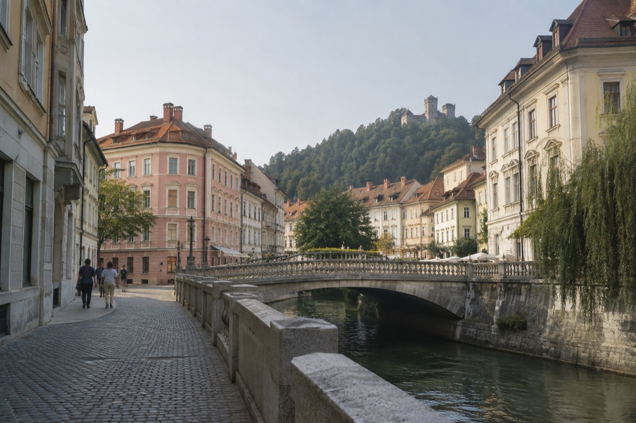 Cobbled square in central Ljubljana with pastel facades and a stone bridge over the river