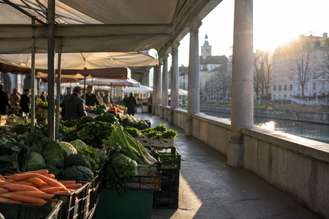 Outdoor market stalls with crates of fresh vegetables beside a riverside square in central Ljubljana