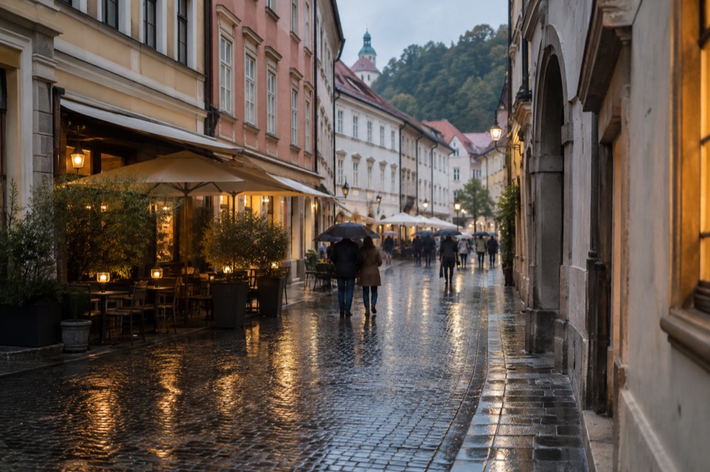 Rain-soaked cobbles of a Ljubljana old town street with umbrellas and lit café windows reflecting on wet stone
