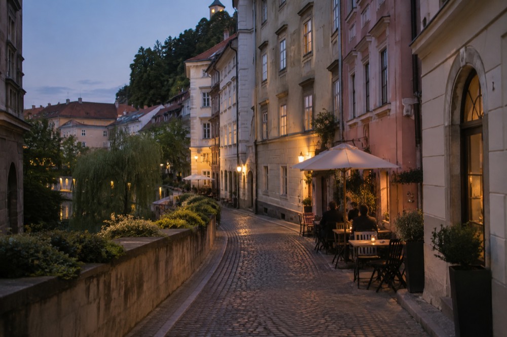 Small neighbourhood restaurant tables on a quiet side street in the evening