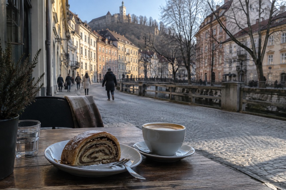 A plate of rolled pastry with a cup of coffee on a wooden cafe table