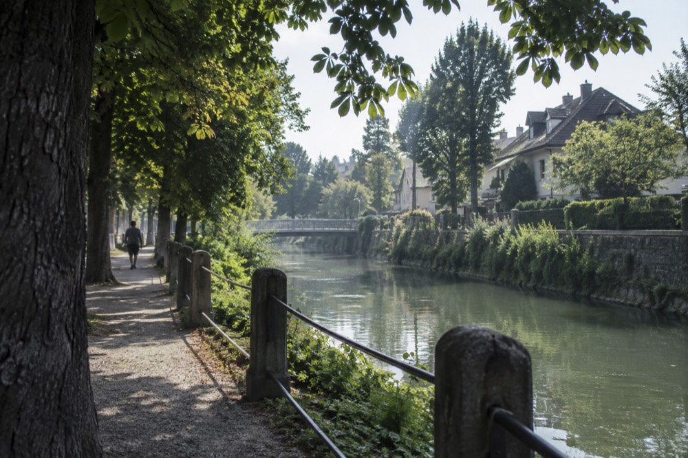 A quiet residential street in the Trnovo district with trees and old houses beside the canal