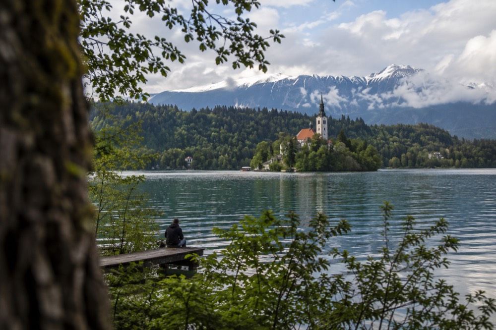 Lake Bled with the island church and forested shore under a morning sky