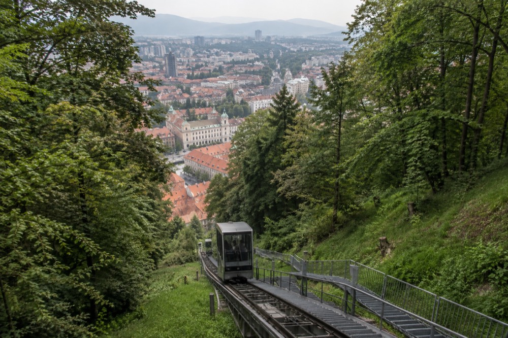 The castle funicular carriage on its track above the old town rooftops