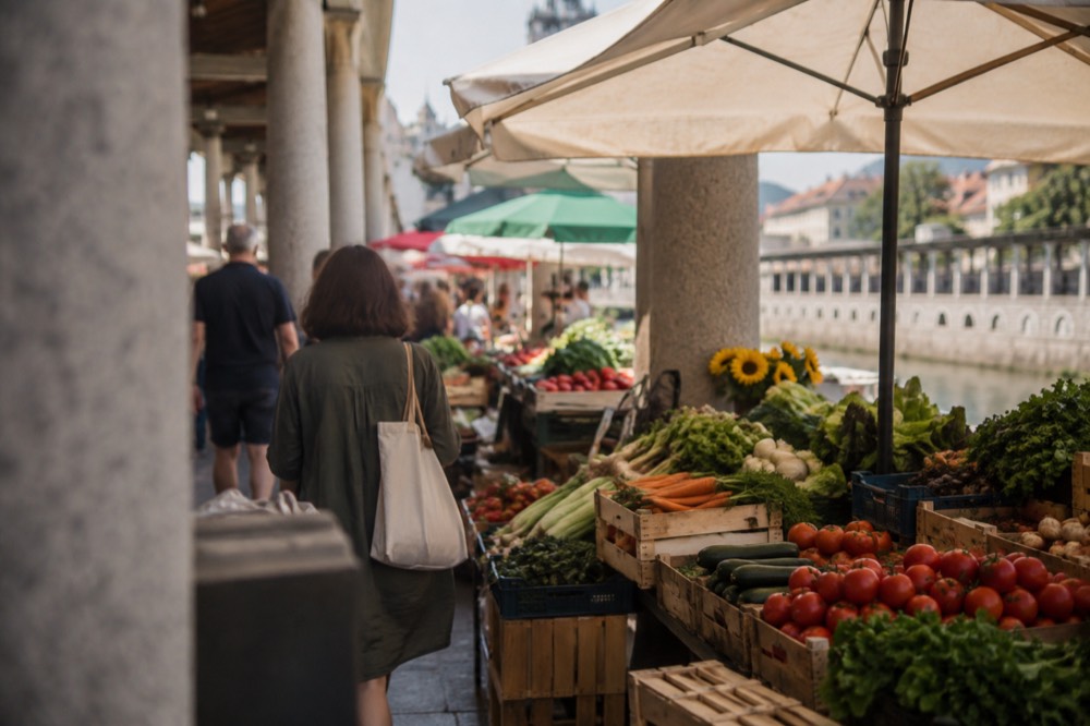 Colourful market stalls with fresh produce in the open-air central market
